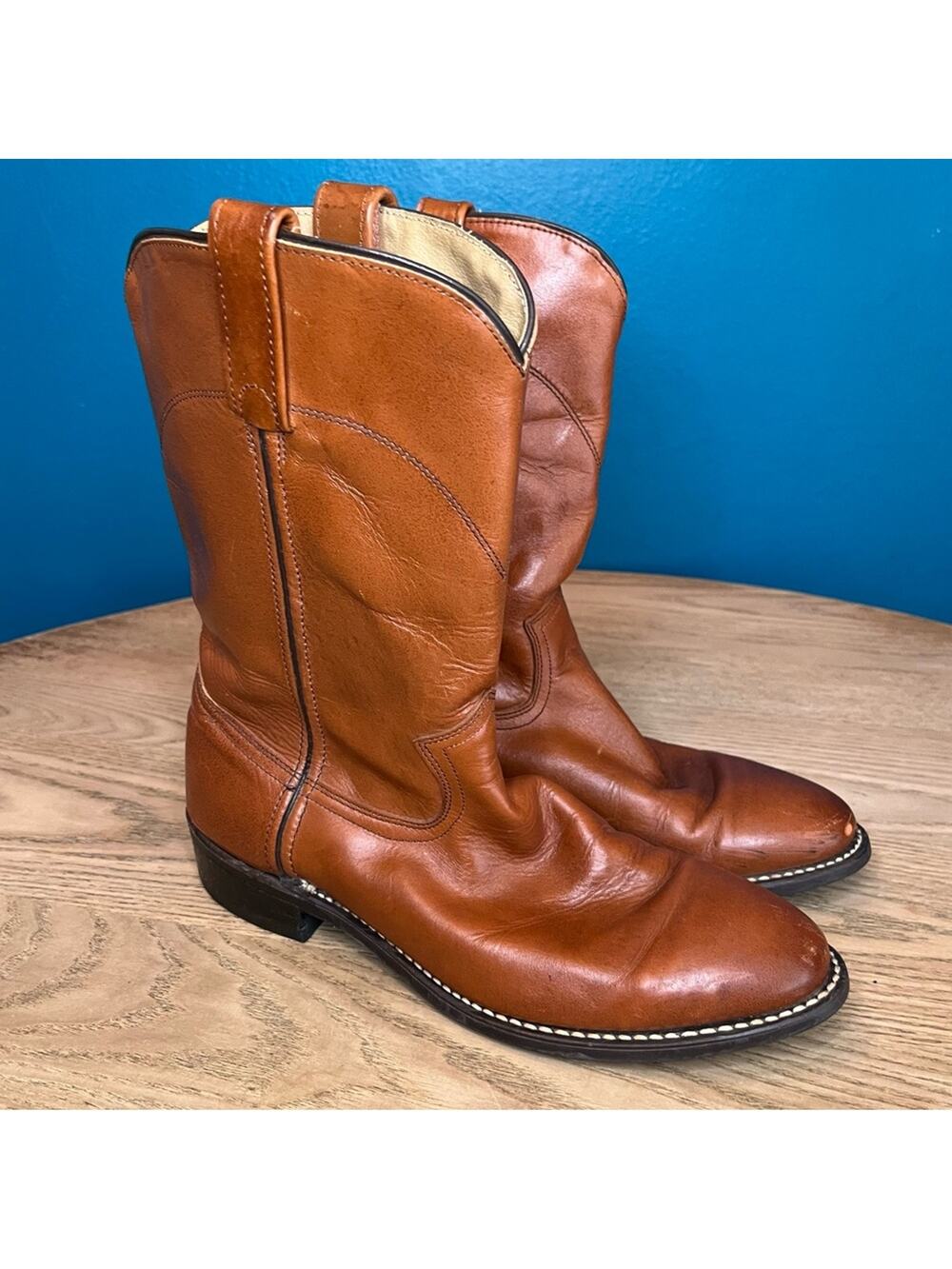 Vintage Acme 70s Western Boots Pull On Roper Cowboy Rodeo Tan Leather Men’s 7.5D